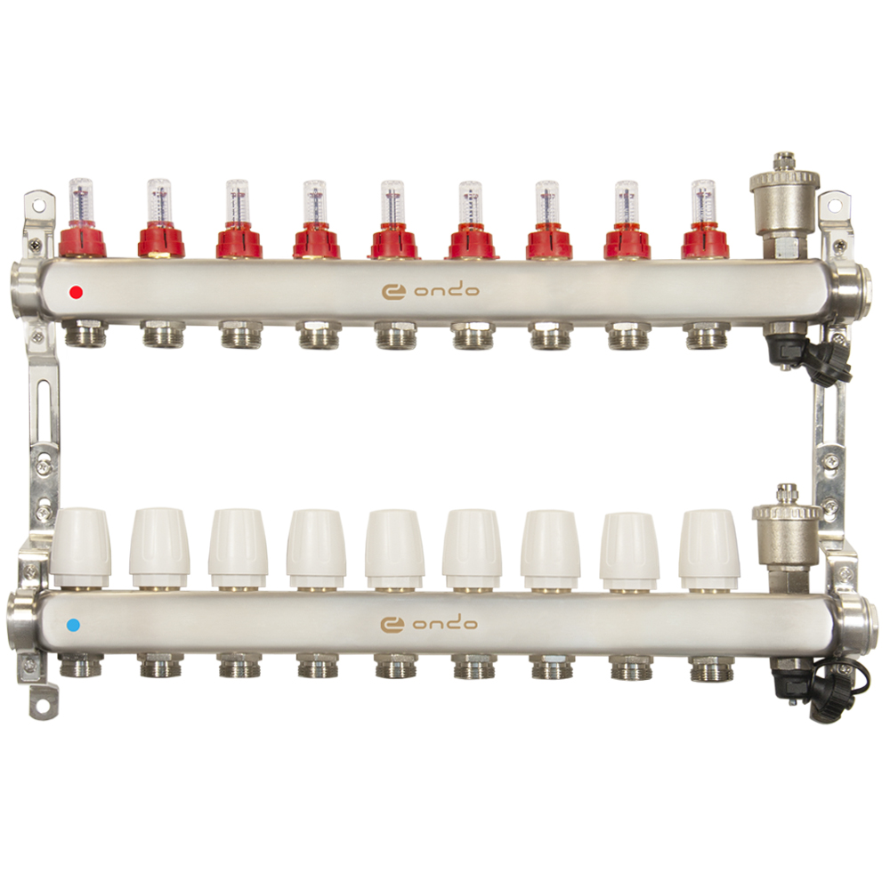 Коллекторная группа ONDO нерж сталь 9 вых. в сборе с автоматическим воздухоотводчиком, расходомерам